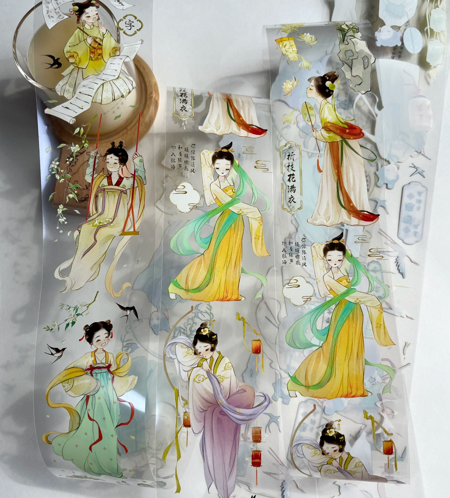 Chinese hanfu beauty die-cut tape roll on clear PET film with delicate classical Chinese art style illustrations