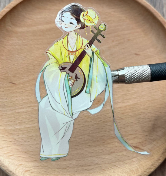 Full strip of Chinese hanfu beauty PET tape showing all graceful female character die-cuts in golden and green tones