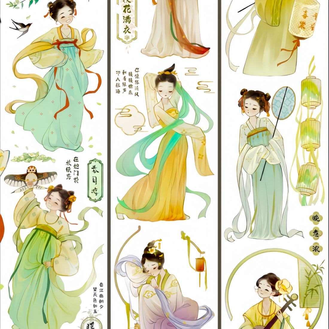 Chinese hanfu beauty PET die-cut washi tape featuring elegant classical Chinese female figures in flowing jade and golden robes