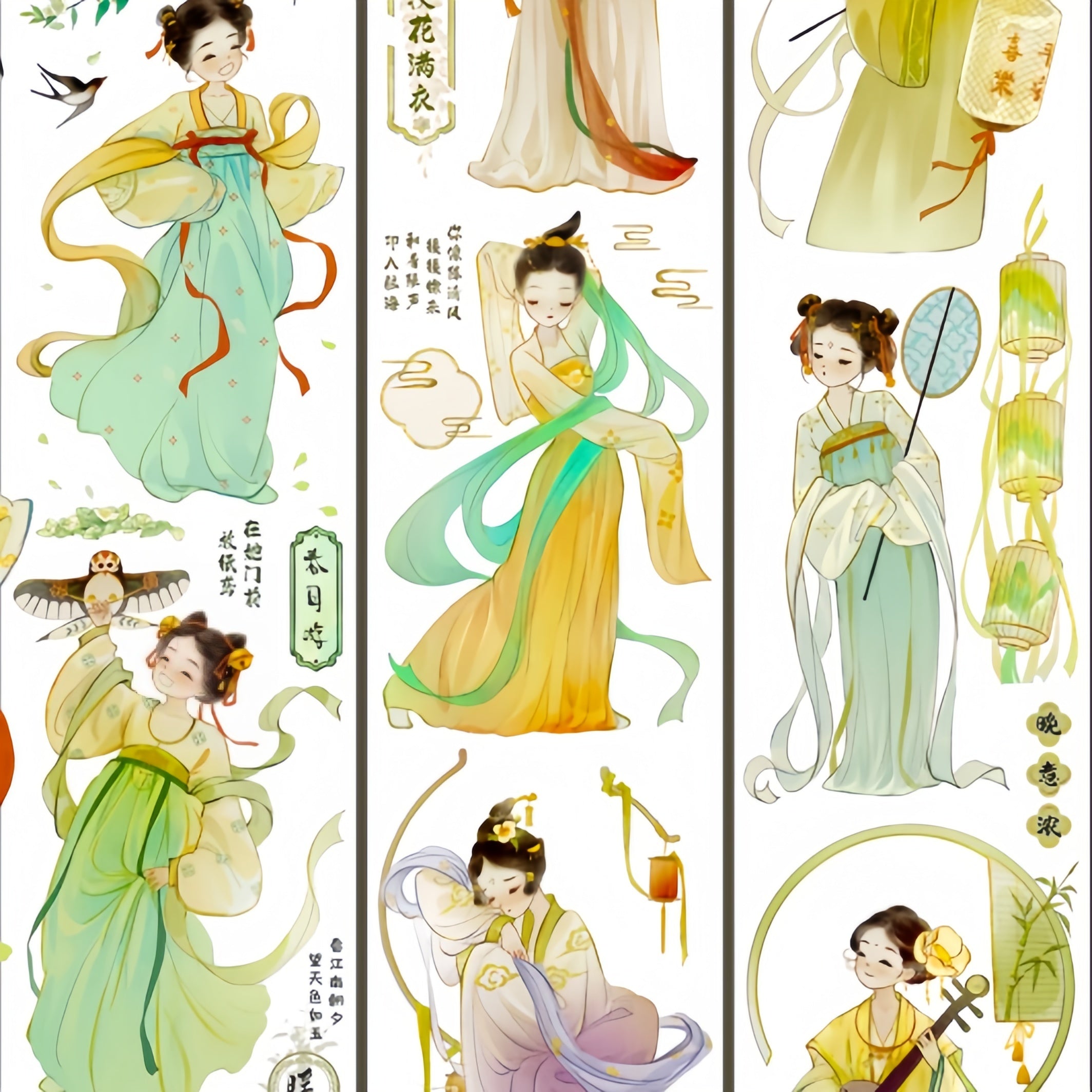 Chinese hanfu beauty PET die-cut washi tape featuring elegant classical Chinese female figures in flowing jade and golden robes