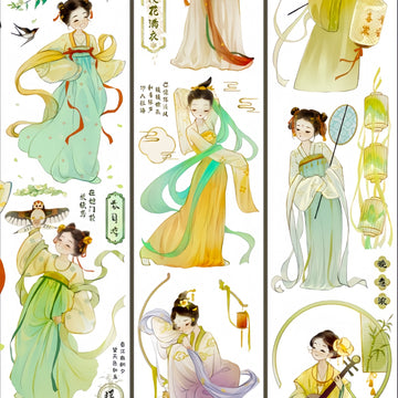 Chinese hanfu beauty PET die-cut washi tape featuring elegant classical Chinese female figures in flowing jade and golden robes