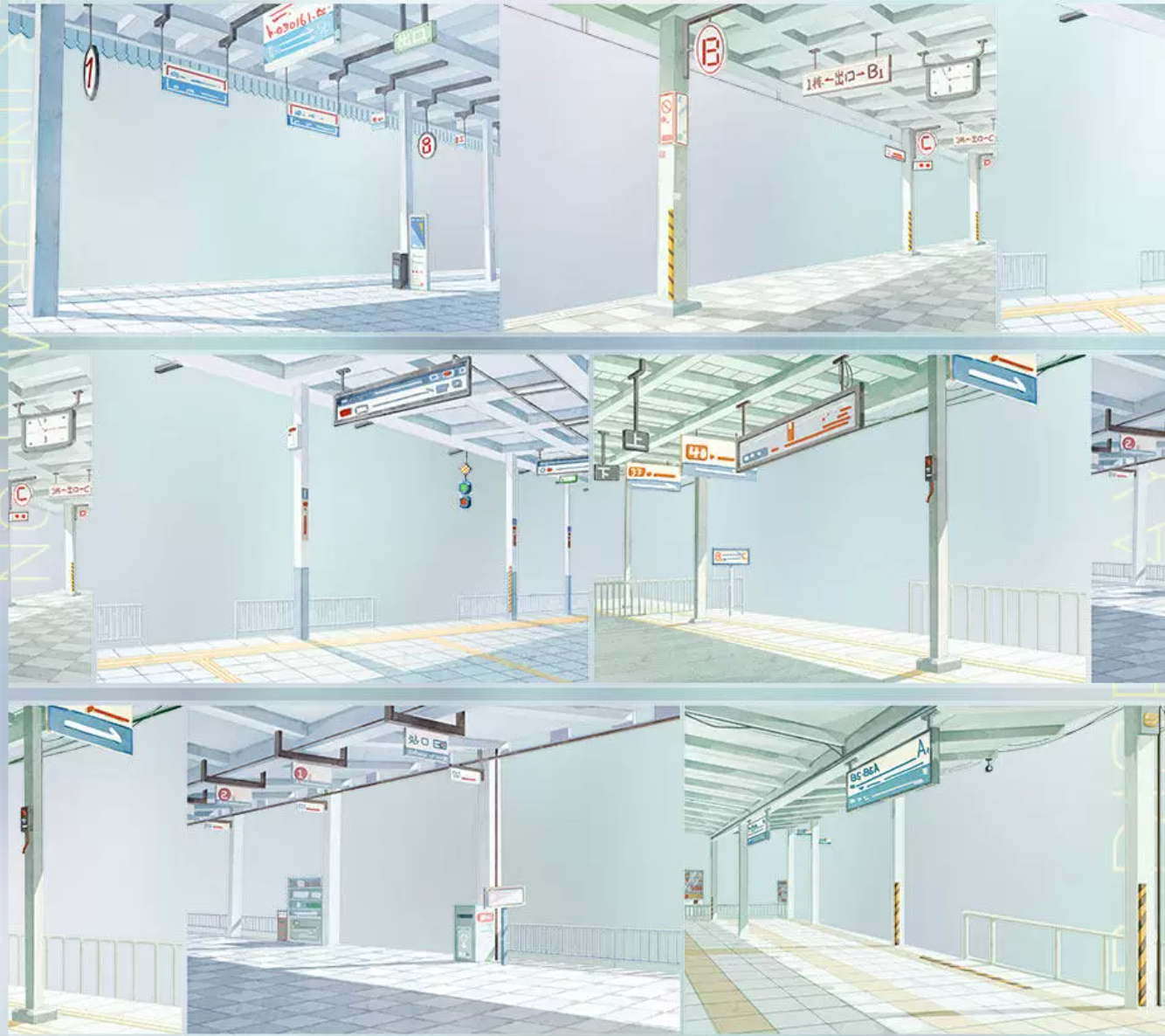 Shroomi Daytime Train Station Platform PET Tape — 6 anime-style panels of a bright daytime station in pale blue and white: concrete pillars, overhead directional signs, yellow platform safety markings, open platform corridors in clean daylight