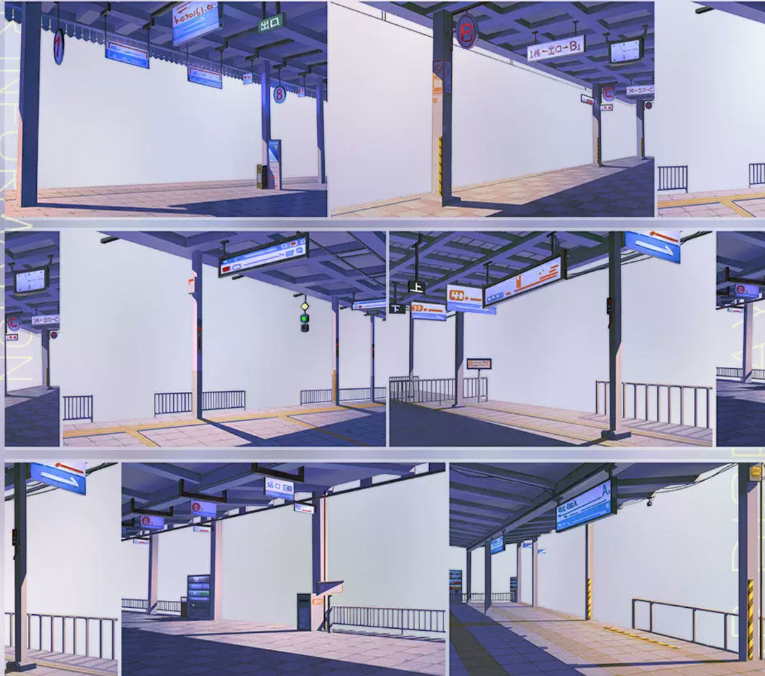 Shroomi Night Train Station Platform PET Tape — 6 anime-style panels of a moody nighttime station in deep purple-blue: concrete pillars, overhead directional signs, platform edge markings, ticket barriers, and platform corridors in dim artificial light