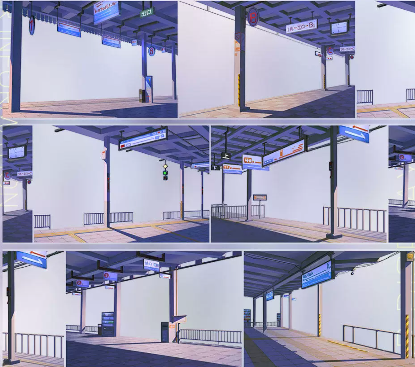 Shroomi Night Train Station Platform PET Tape — 6 anime-style panels of a moody nighttime station in deep purple-blue: concrete pillars, overhead directional signs, platform edge markings, ticket barriers, and platform corridors in dim artificial light
