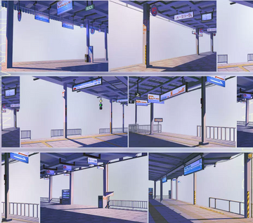 Shroomi Night Train Station Platform PET Tape — 6 anime-style panels of a moody nighttime station in deep purple-blue: concrete pillars, overhead directional signs, platform edge markings, ticket barriers, and platform corridors in dim artificial light
