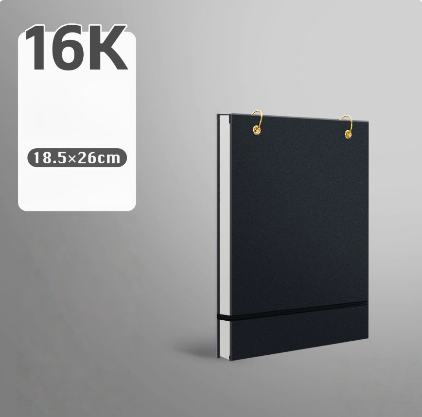 Black loose-leaf hardcover journal 16K size with gold ring binders and elastic band closure shown from side