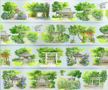 Watercolor PET tape showing Japanese summer shrine scenes with torii gates, hydrangeas, stone lanterns and garden paths