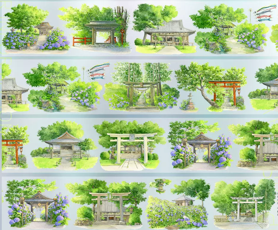 Watercolor PET tape showing Japanese summer shrine scenes with torii gates, hydrangeas, stone lanterns and garden paths