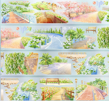 Watercolor PET tape showing spring promenade with cherry blossoms, wisteria arches, wooden boardwalks and blooming garden paths