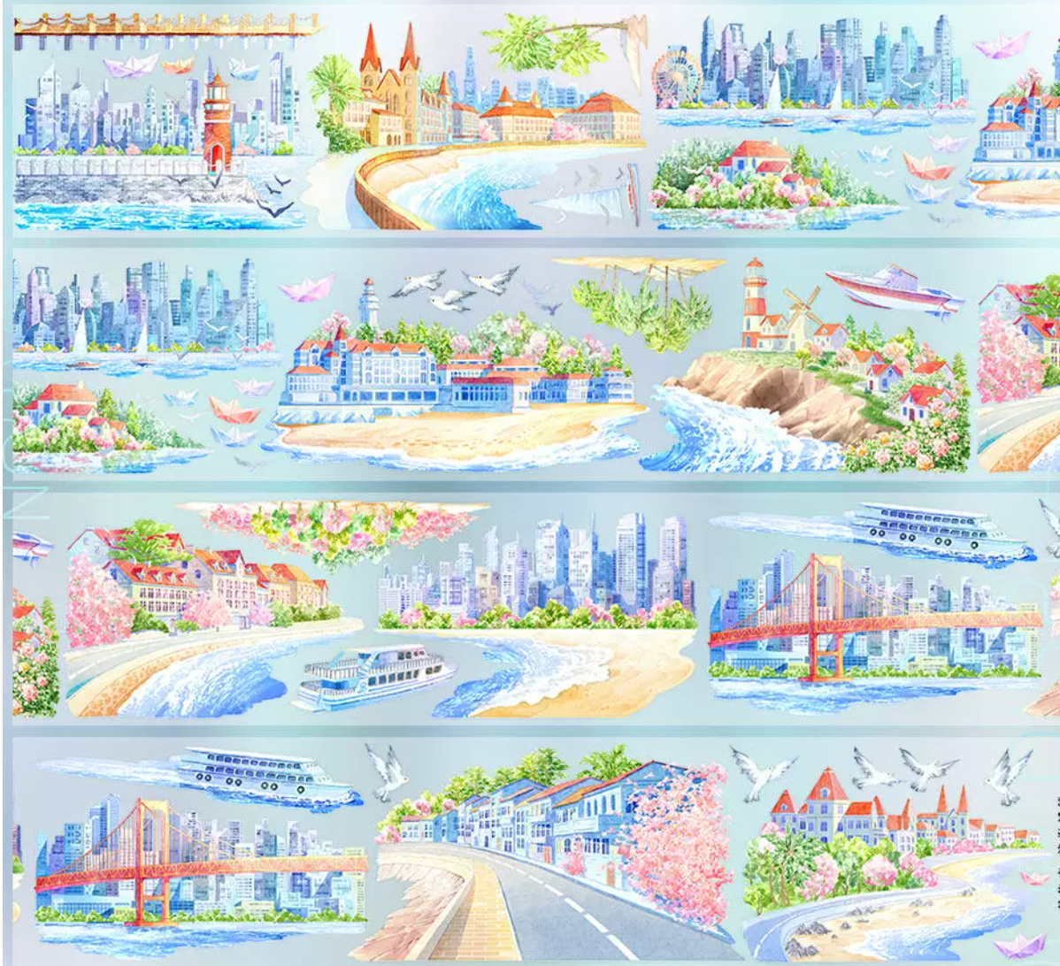 Watercolor PET tape showing coastal city panorama with iconic bridges, lighthouses, cruise ships and cherry blossom trees