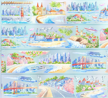 Watercolor PET tape showing coastal city panorama with iconic bridges, lighthouses, cruise ships and cherry blossom trees