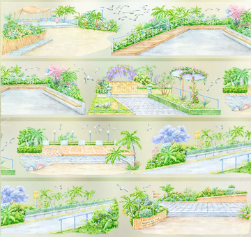 Watercolor PET tape showing coastal garden walkway with blooming flower paths, palm trees and garden railings
