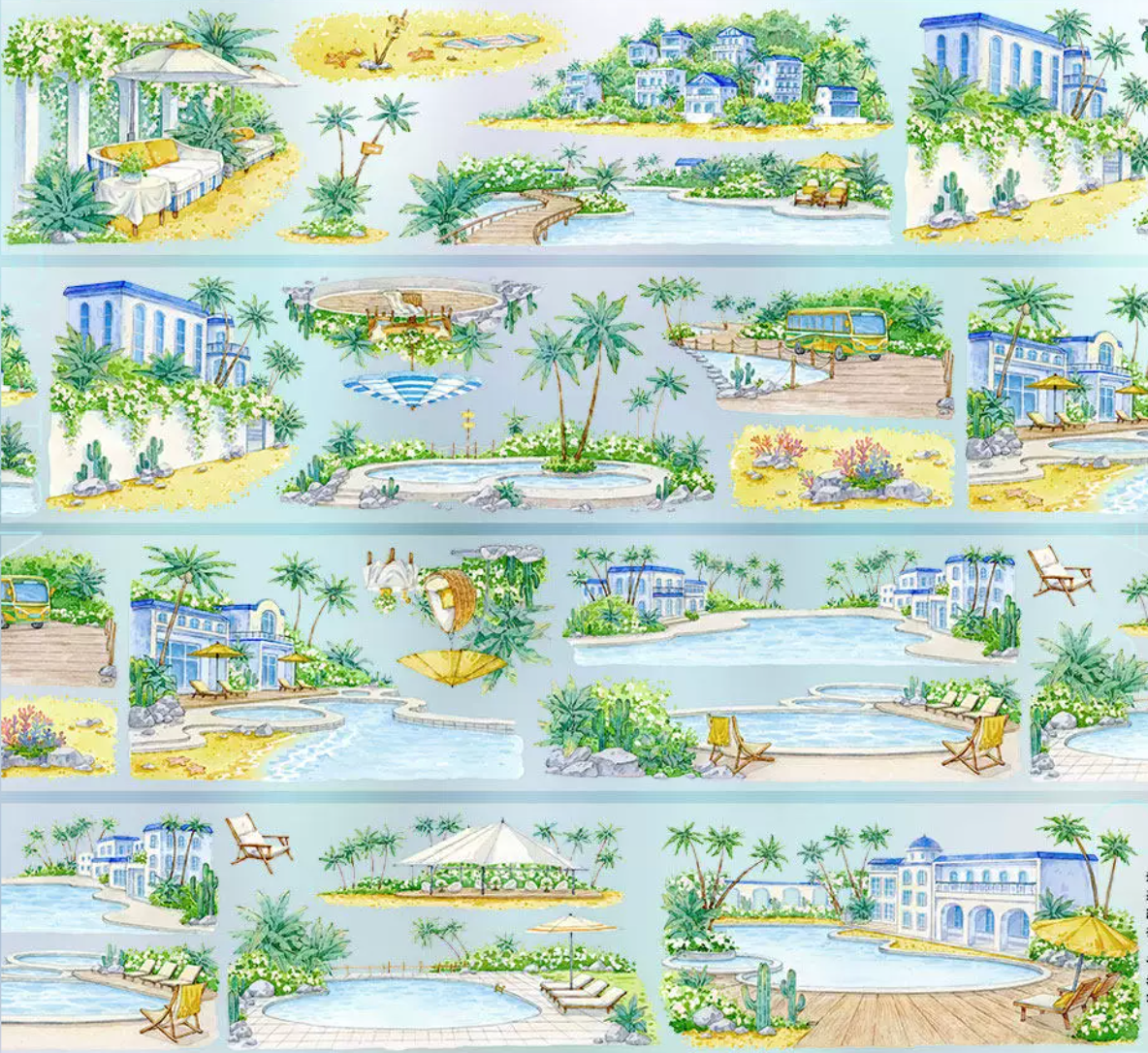 Watercolor PET tape showing blue-toned vacation bay resort with poolside pavilions, palm trees and coastal architecture