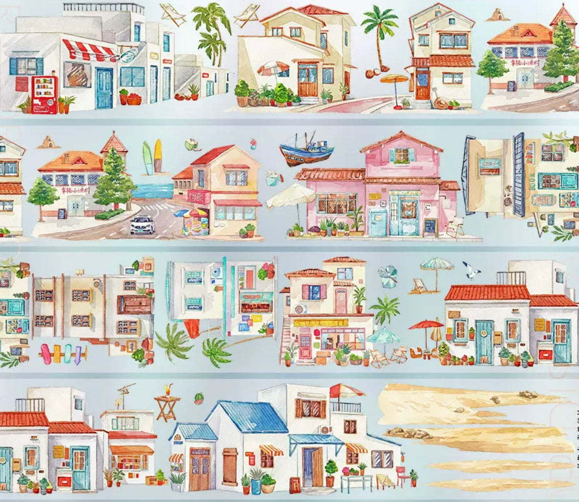 Watercolor PET tape showing charming seaside town with colorful storefronts, fishing boats and beachside street scenes