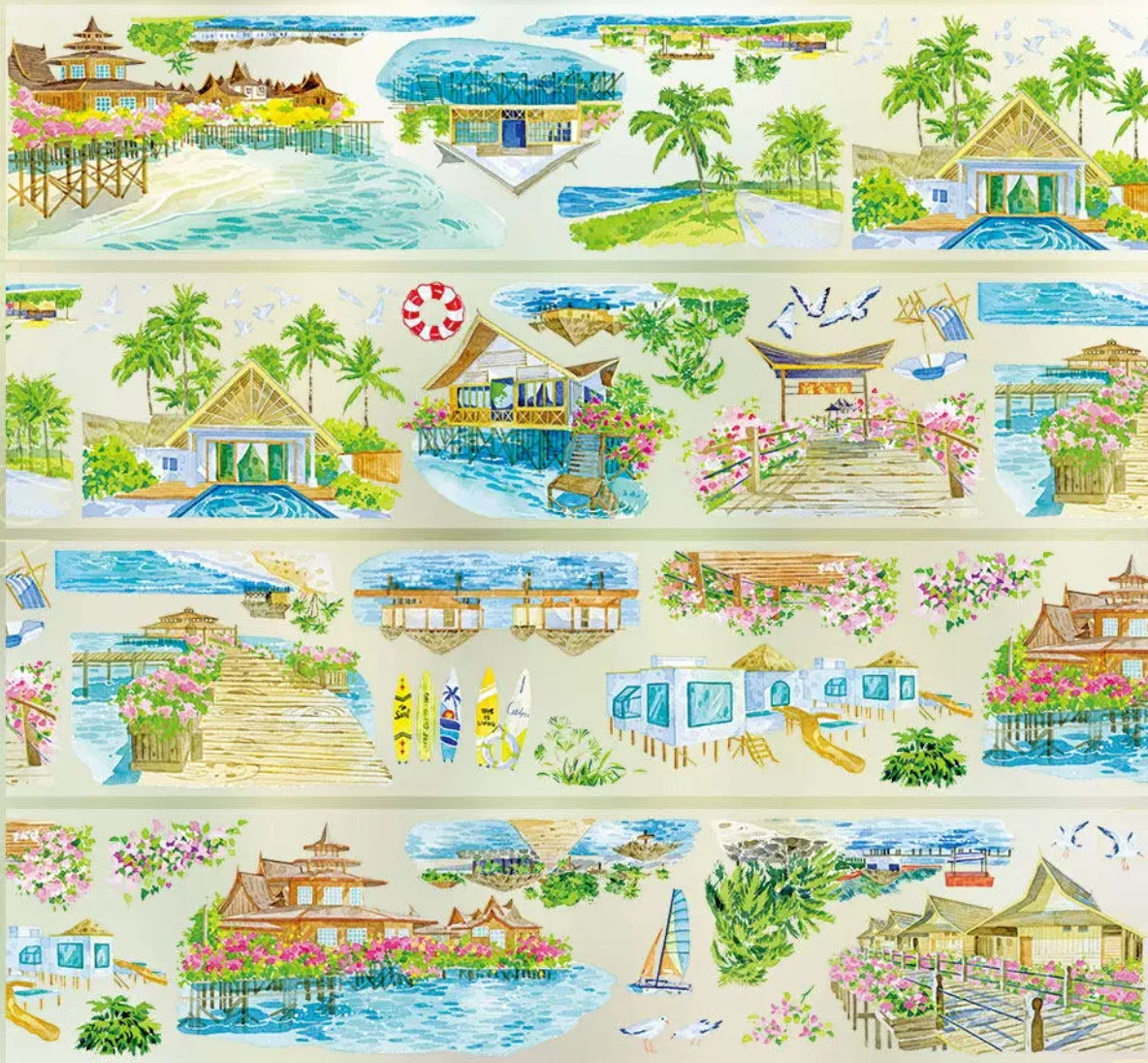 Watercolor PET tape showing tropical overwater villa resort with stilted bungalows, sailboats and palm-fringed docks