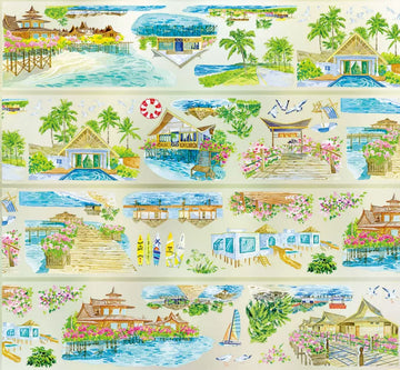 Watercolor PET tape showing tropical overwater villa resort with stilted bungalows, sailboats and palm-fringed docks