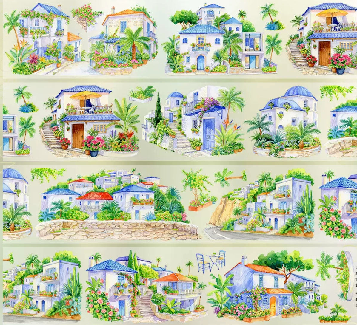 Watercolor PET tape showing Mediterranean whitewashed villas with blue domed rooftops, bougainvillea and flowering terraces