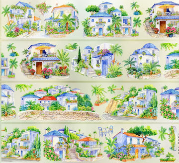 Watercolor PET tape showing Mediterranean whitewashed villas with blue domed rooftops, bougainvillea and flowering terraces