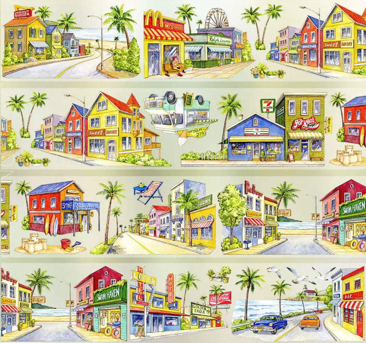 Watercolor PET tape showing American west coast beach town with colorful surf shops, diners and palm-lined streets