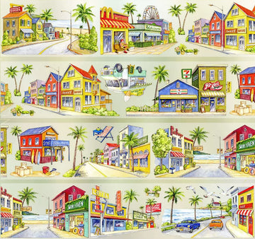 Watercolor PET tape showing American west coast beach town with colorful surf shops, diners and palm-lined streets
