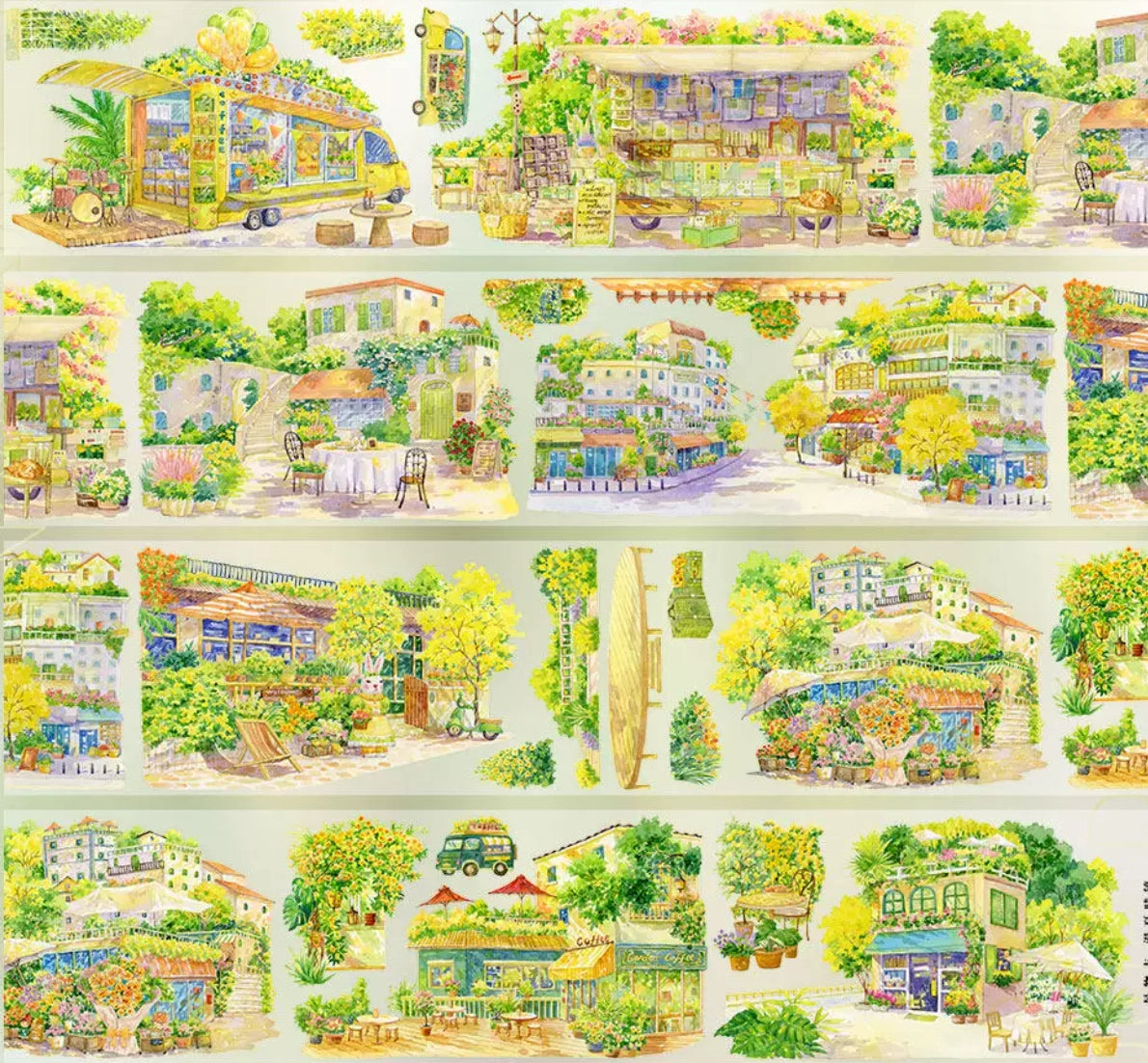 Watercolor PET tape showing sunny European summer town with flower shops, garden cafes and ivy-covered building facades