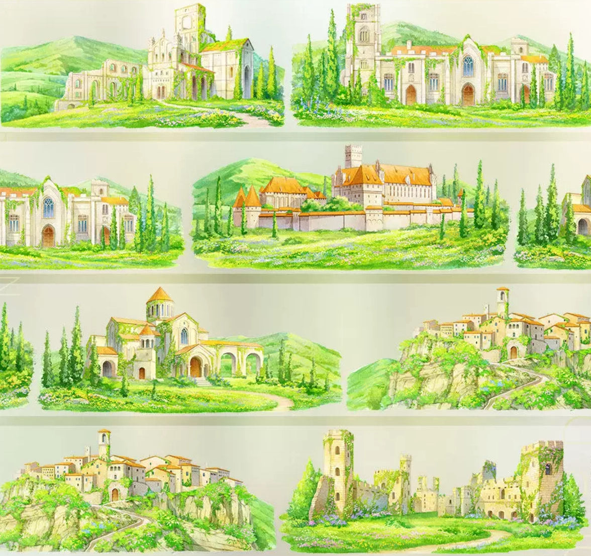 Watercolor PET tape showing European countryside castles and Gothic cathedrals surrounded by green hills and cypress trees