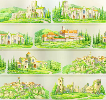 Watercolor PET tape showing European countryside castles and Gothic cathedrals surrounded by green hills and cypress trees