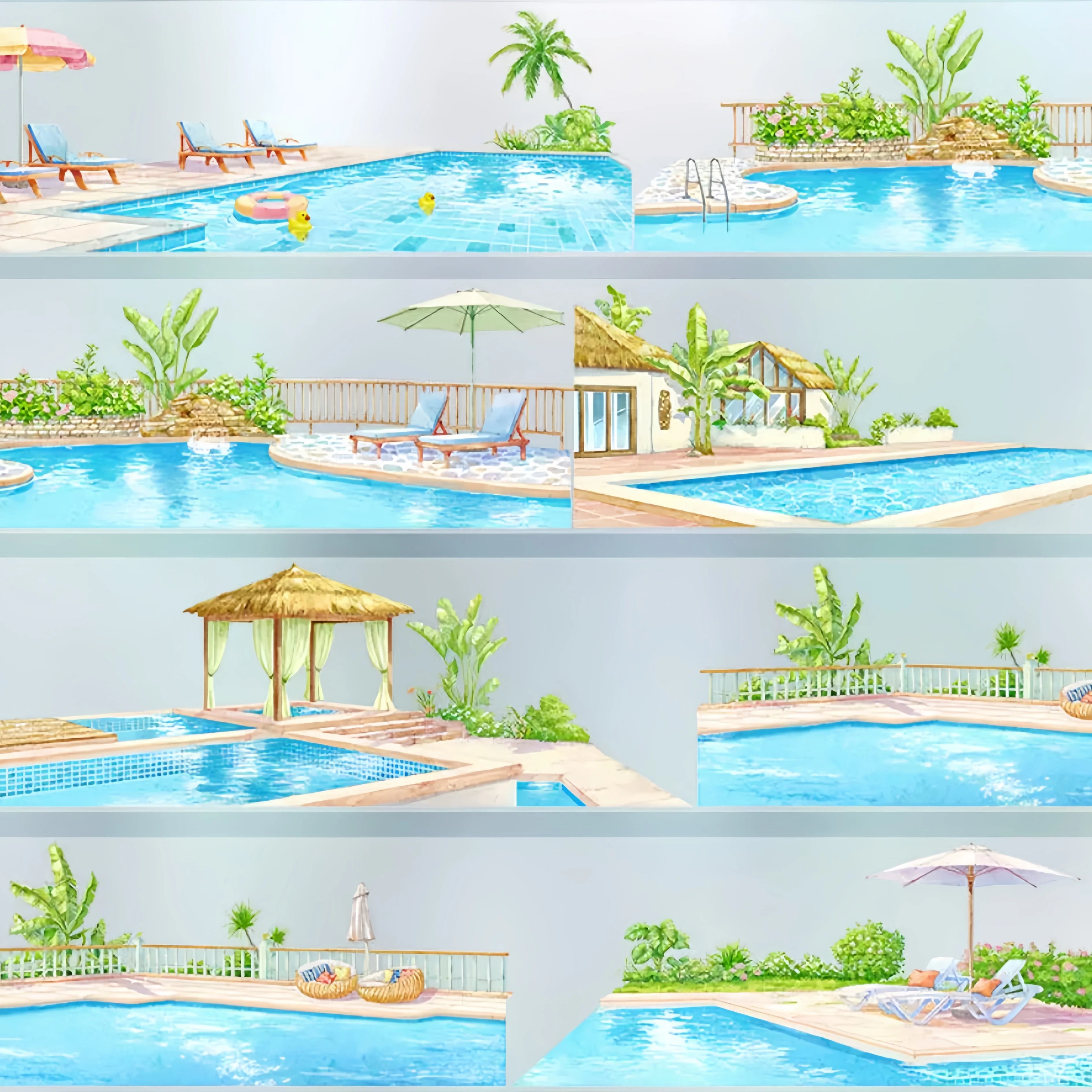 Watercolor PET tape showing luxury resort pool scenes with lounge chairs, beach umbrellas, thatched cabana and clear blue water