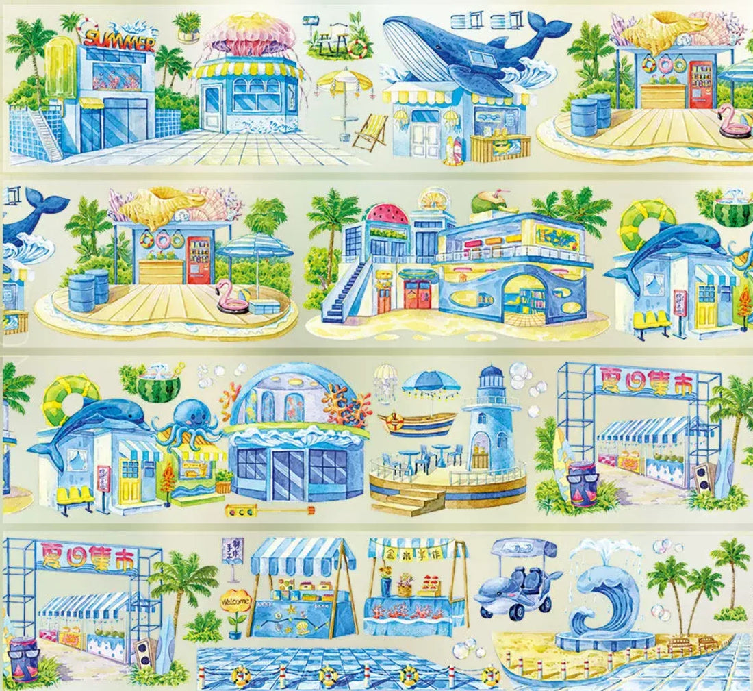 Colorful PET tape with illustrated island ocean market scenes featuring dolphins, blue beach shops and summer sea elements