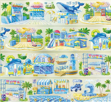 Colorful PET tape with illustrated island ocean market scenes featuring dolphins, blue beach shops and summer sea elements