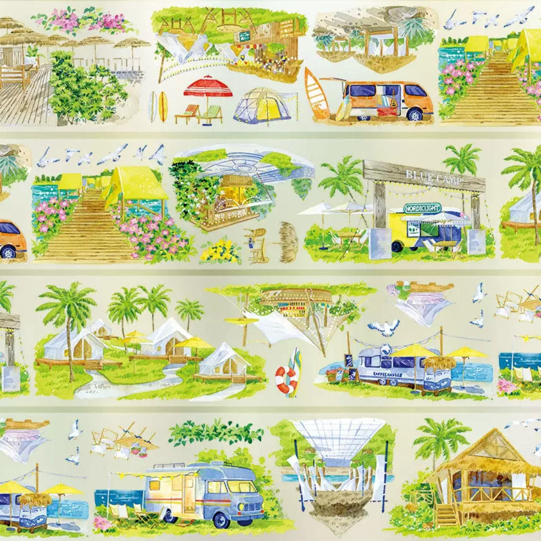 Watercolor PET tape showing seaside camping scenes with tents, vintage camper van, palm trees and tropical beach huts