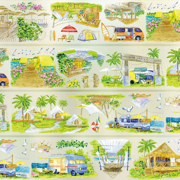 Watercolor PET tape showing seaside camping scenes with tents, vintage camper van, palm trees and tropical beach huts