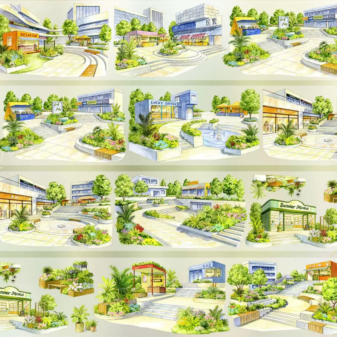 Watercolor PET tape showing illustrated garden plaza scenes with coffee shops, fountains and lush tropical greenery