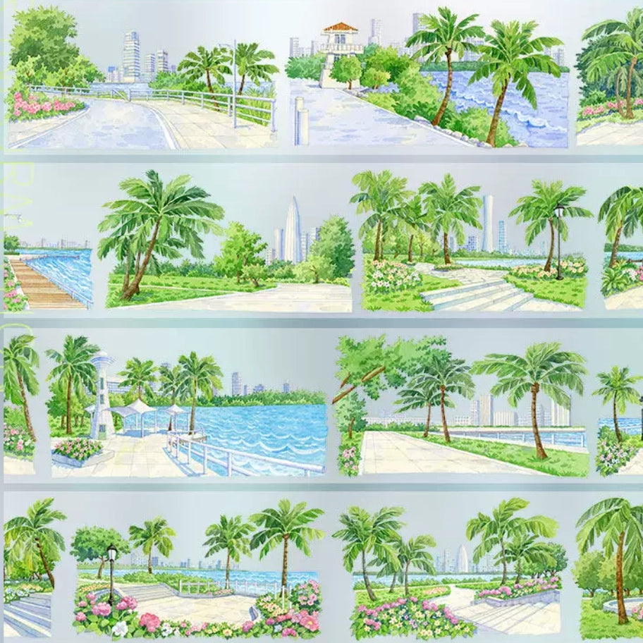 Watercolor PET tape showing tropical bay park scenes with tall palm trees, paved walkways and ocean views