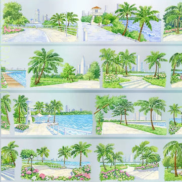 Watercolor PET tape showing tropical bay park scenes with tall palm trees, paved walkways and ocean views