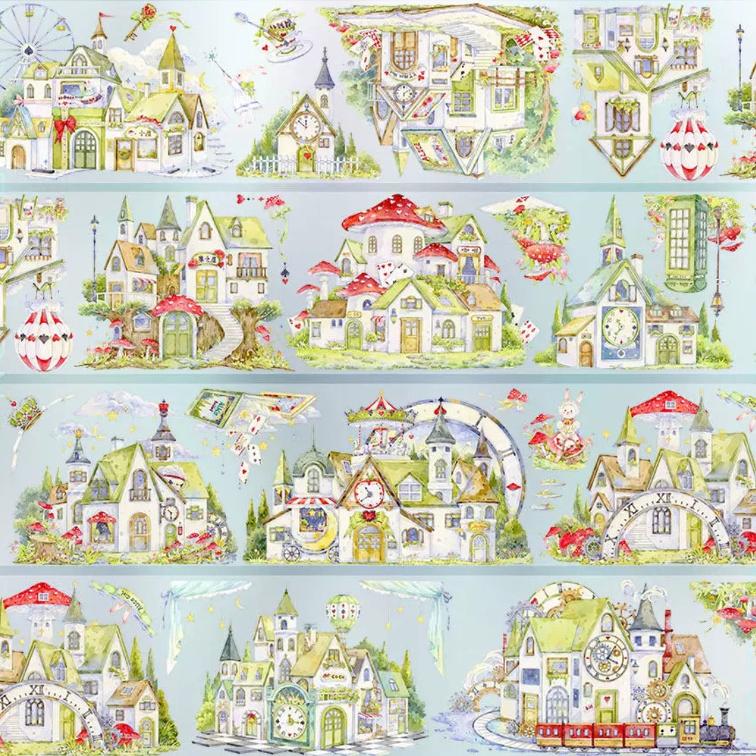 Alice in Wonderland fantasy town tape with whimsical houses, clock tower, mushrooms, and playing card motifs