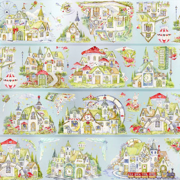 Alice in Wonderland fantasy town tape with whimsical houses, clock tower, mushrooms, and playing card motifs