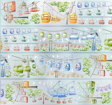 Colorful cable car gondolas in red, orange, green, and blue with steel towers and white doves on PET tape