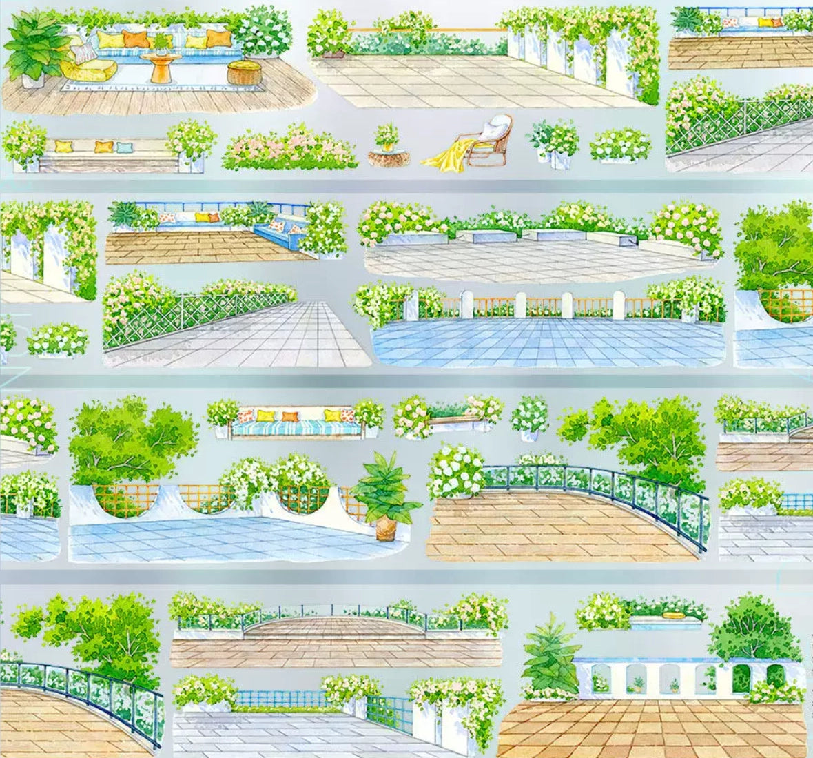 Sunny rooftop garden terrace with tiled decking, white lattice fence, and flower beds on PET tape