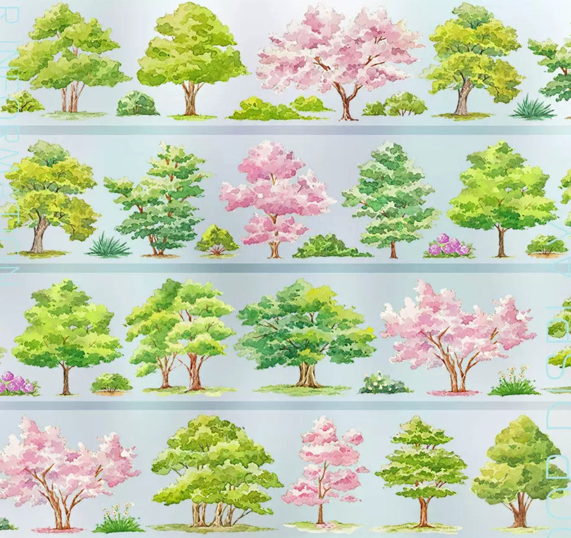 Lush green canopy trees and pink cherry blossom trees in watercolor on PET tape