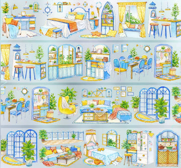 Blue and yellow coastal cottage interior tape with arched windows, maritime bedroom, and dining room