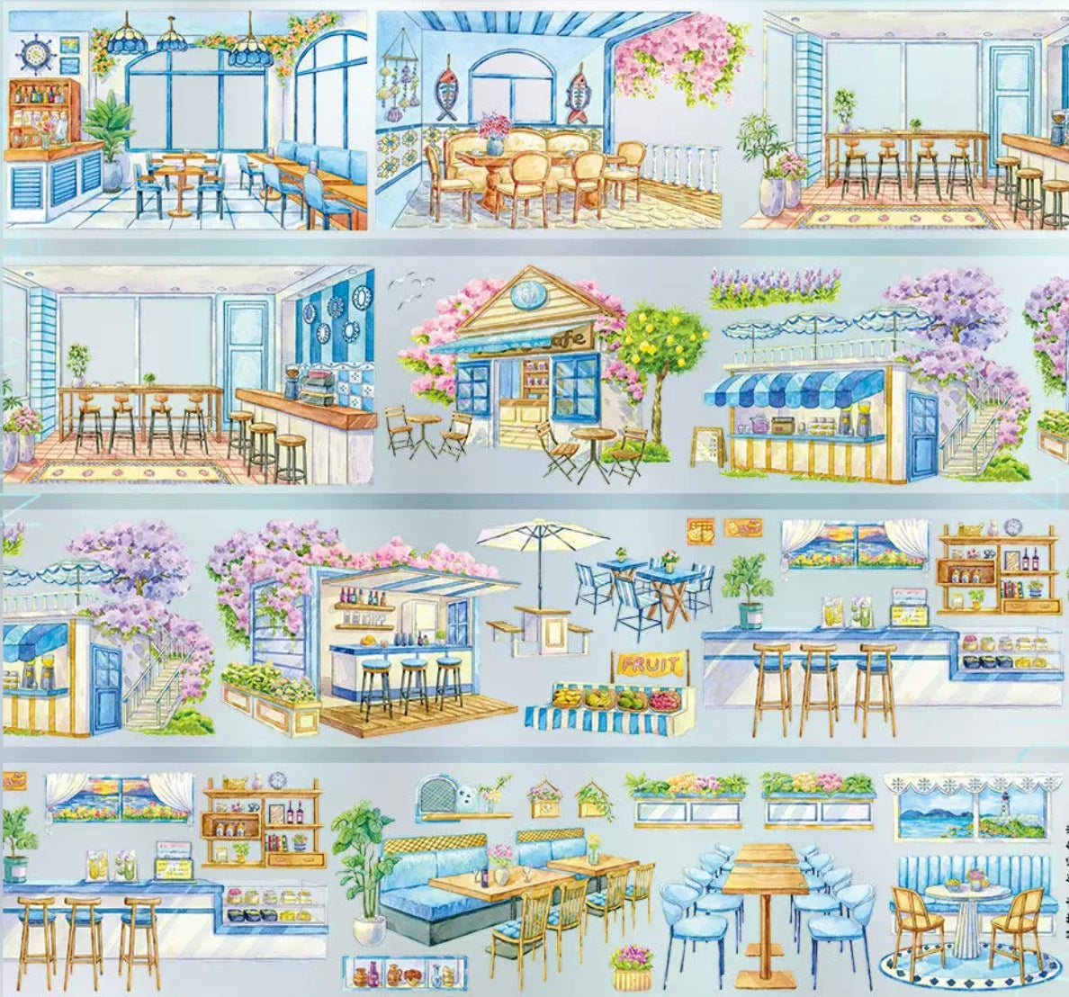Mediterranean cafe and restaurant scenes with blue-white interiors and wisteria storefronts on PET tape