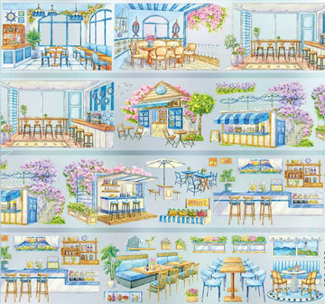 Mediterranean cafe and restaurant scenes with blue-white interiors and wisteria storefronts on PET tape