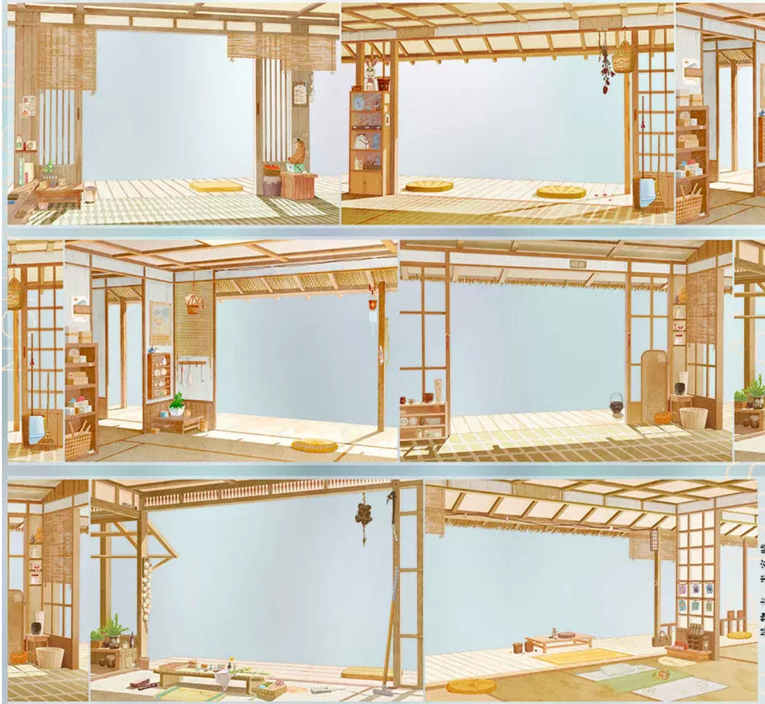 Sunlit Japanese tatami room with shoji sliding doors and bamboo ceiling on PET tape