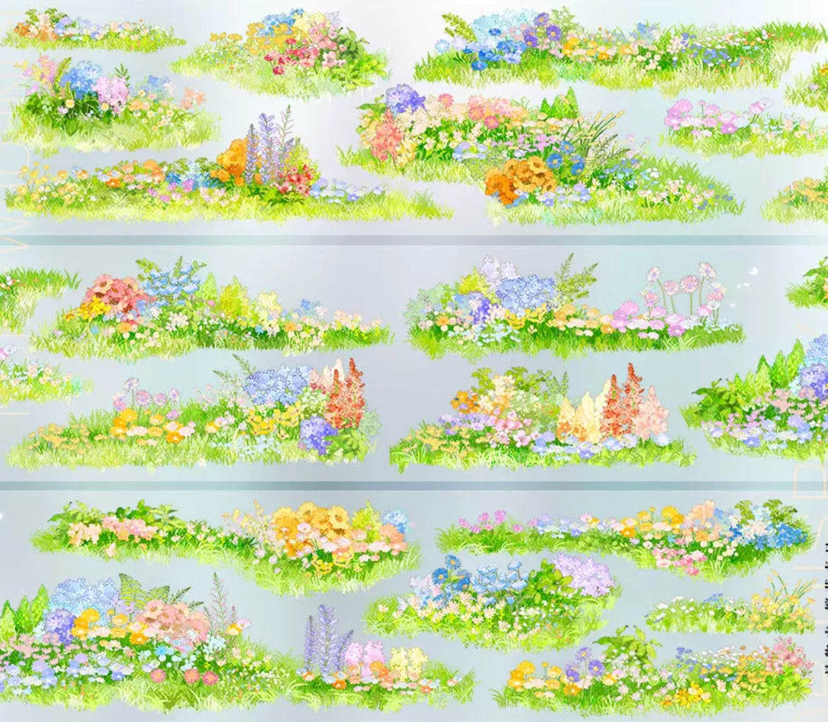 Colorful spring wildflower clusters with lupins, daisies, and hydrangeas in watercolor on PET tape