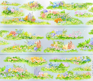Colorful spring wildflower clusters with lupins, daisies, and hydrangeas in watercolor on PET tape
