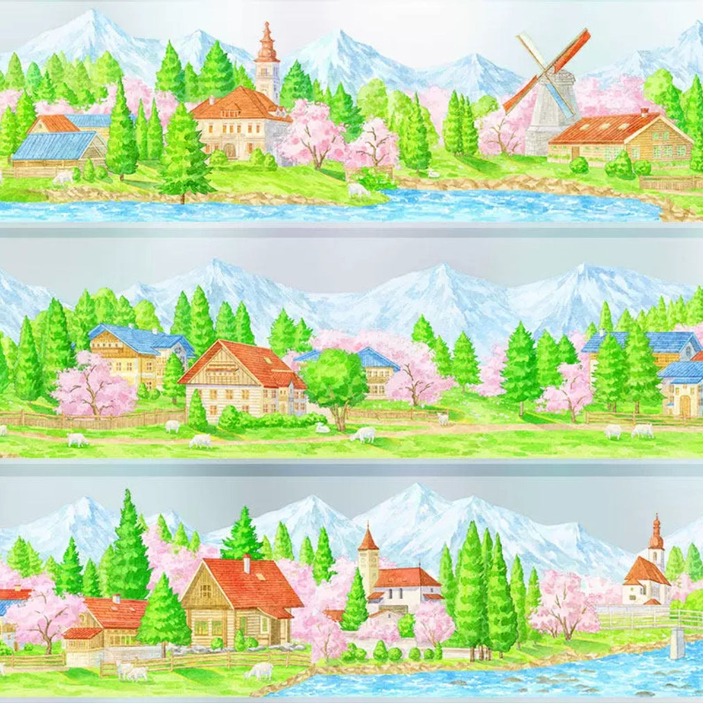 Alpine spring village panorama tape with snowcapped mountains, windmill, red-roofed farmhouses, and cherry blossom trees