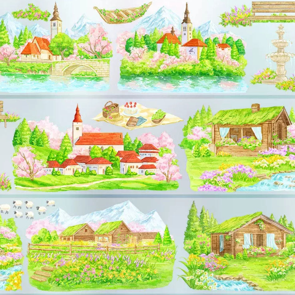 European countryside vignette tape with Alpine chapel, stone bridge, log cabin, and cherry blossoms on PET tape
