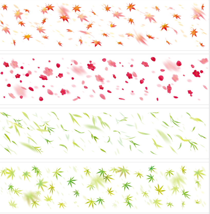 Seasonal PET tape preview with maple leaves, blossoms, willow leaves, and green foliage