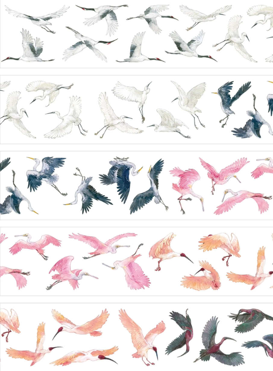 Wild bird PET tape layout with white birds, pink birds, and brown owls